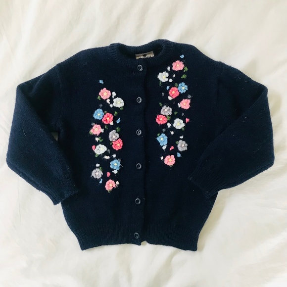 Vintage Shirakaba Tokyo Navy Wool Child Sweater with Floral Design, Size 5-6 - Picture 1 of 6
